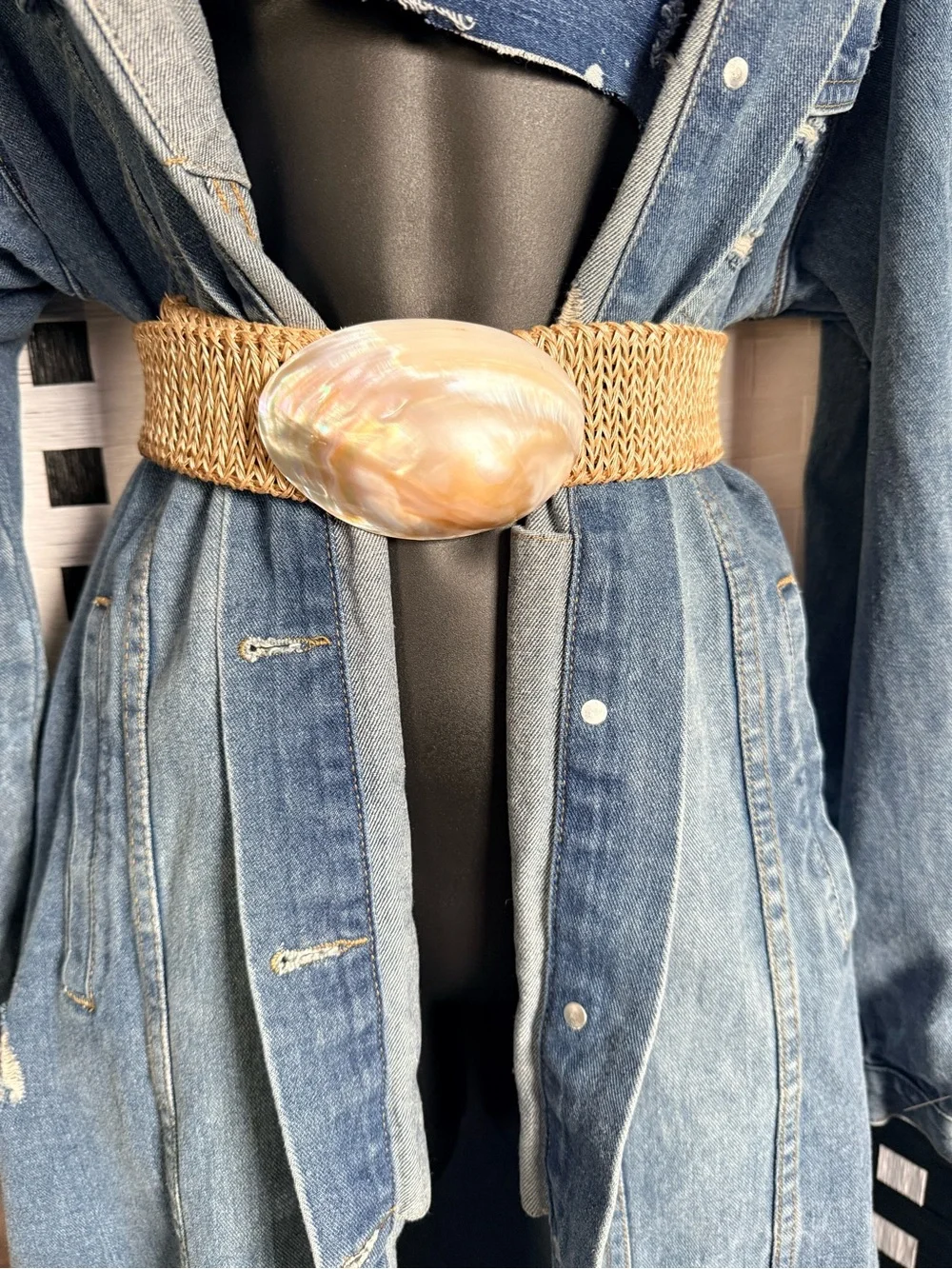 Vintage Tropical Shell World Natural Shell Woven Belt - Large